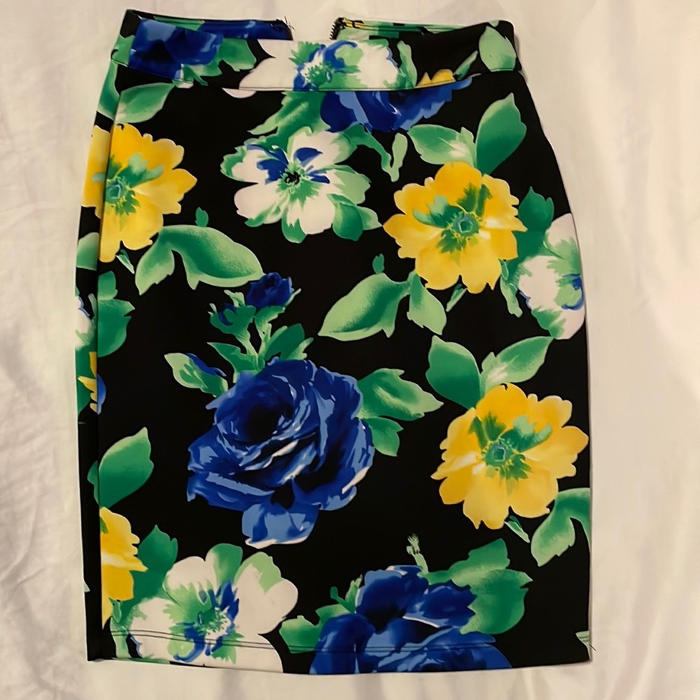 Blue and Yellow Floral Pencil Skirt